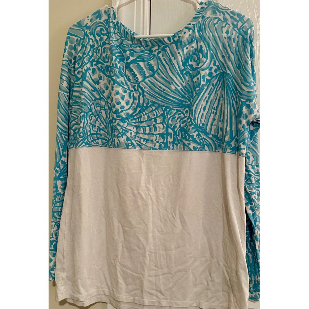Lilly Pulitzer Long Sleeve Top Aqua White Print Modal Blend‎ Women's small